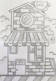 a drawing of a small house with a coffee cup on the roof and sign that says cafe