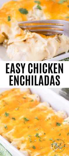 an easy chicken enchiladas recipe in a casserole dish with a fork