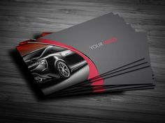 four business cards with the image of a car on them, all in black and red