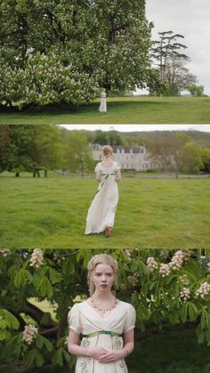 a woman standing in front of a lush green field