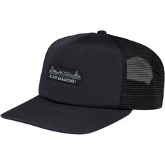 the black diamond trucker hat is shown with an embroidered patch on the front and side