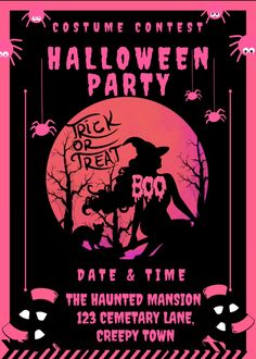 a halloween party poster with the words trick or treat written in pink and black on it