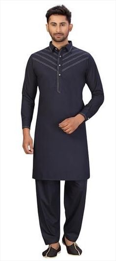 Blue color Pathani Suit in Cotton fabric with Thread work Blue Cotton Unstitched Formal Suit, Elegant Blue Cotton Unstitched Suit, Pathani Salwar, Pathani Suit, Nikkah Dress, Men's Kurta, Dark Blue Color, Thread Work, Guest Outfit