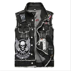 Just in! This unique SKULL JACKET - EMBROIDERY for $45.42. Skull Vest, Punk Denim, Denim Vest Men, Trendy Patches, Black Denim Vest, Hip Hop Jacket, Black Rocks, Skull Embroidery, Denim Waistcoat