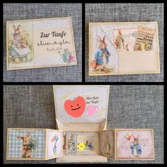 four different pictures of an open box with some bunny images on the front and back