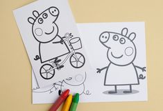 peppa pig coloring pages with markers and crayons on the table next to it