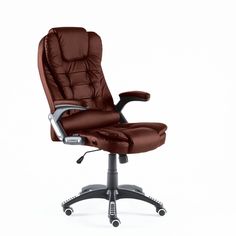 a brown leather office chair sitting on top of a metal base with an arm rest