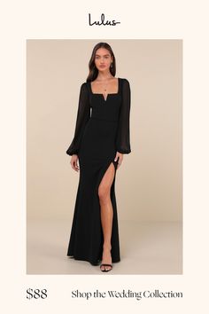 a woman in a long black dress with the words shop the wedding collection on it