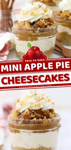 No Bake Mini Apple Pie Cheesecakes, fall, apple recipes, desserts, sweet treats Mini Apple Pie Cheesecake, Cheesecake Salted Caramel, Apple Pie Filling Desserts, Baked Apple Cheesecake, Caramel Apple Pie Filling, Pie Filling Desserts, Mini Apple Pie, Apple Pie Desserts