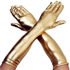 DreamHigh Women's 17" Long Satin Cosplay Finger Gloves Gold at Amazon Women’s Clothing store Metal Glove, Robot Costumes, Long Leather Gloves, Gold Gloves, Womens Cosplay, Bridal Gloves, Concert Festival, Finger Gloves, Wardrobe Accessories