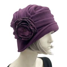 1920s style eggplant fleece Alice small brim cloche hat women Boston Millinery side view 1920s Hat, Bespoke Hats, 1920s Style, Rose Brooch, Fleece Hat, Unique Hats, Chemo Hat, Satin Roses, Flapper Style