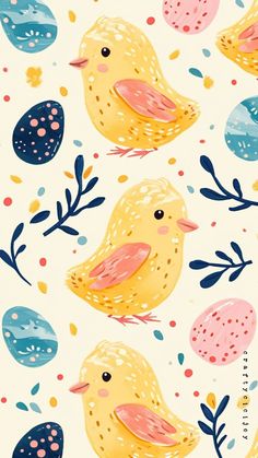 an illustration of two yellow birds surrounded by blue and pink eggs