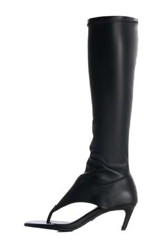 a pair of black high heeled boots with an open toe and side zippers