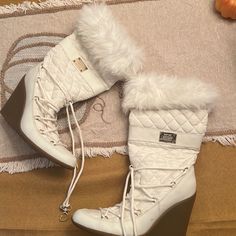 Guess Boots - Ivory Fabric - Practically Brand New Cream Synthetic Boots For Winter, Cream Synthetic Winter Boots, Winter Cream Synthetic Boots, Cream High Heel Winter Boots, Casual White Wedge Heel Boots, White Wedge Heel Boots For Spring, White Synthetic Boots For Winter, White Synthetic Winter Boots, Chic Cream High-top Boots