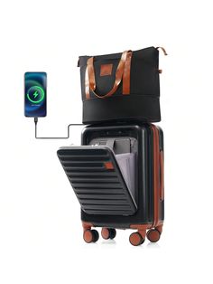 Front Opening 20-Inch Carry-On Luggage With Expandable Travel Bag Set, ABS Hard Shell Two-Piece Suitcase Set With USB Port , Cup Holder Black    ABS     Luggage & Travel Gear, size features are:Bust: ,Length: ,Sleeve Length: Functional Brown Luggage With Sleeve, Brown Functional Luggage With Sleeve, Functional Brown Travel Accessories With Luggage Sleeve, Multifunctional Portable Travel Bag For Overnight Trips, Rectangular Luggage With Luggage Sleeve For Overnight Trips, Multifunctional Portable Rectangular Luggage, Multifunctional Rectangular Portable Luggage, Packable Rectangular Travel Bag For Overnight Trips, Packable Rectangular Travel Bag For On-the-go