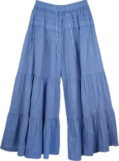 Light Blue Elephant Leg Hollywood Pant - A split skirt pant, in lighter charming blue - a perfect wide leg pants for summer season. Comfort and freedom are yours in this beautiful lace trimmed skirt - Made of cotton these skirt-pants are airy and comfortable with elastic and drawstring. #tlb #SplitSkirtsPants Cotton Ankle-length Maxi Skirt For Summer, Blue Ankle-length Bottoms For Spring, Spring Ankle-length Blue Bottoms, Full Length Bottoms With Lace Trim For Spring, Ankle-length Cotton Bottoms For Vacation, Cotton Ankle-length Bottoms For Vacation, Full Length Cotton Summer Skirt, Full Length Cotton Skirt For Summer, Summer Full Length Cotton Skirt