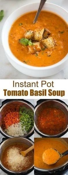 instant pot tomato basil soup in four different bowls with spoons and rice on the side