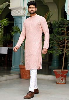 Pastel Pink Kurta For Men, Pink Kurta For Men, Lucknowi Kurta, Georgette Kurta, Kurta Pajama Men, Kurta For Men, Pink Kurta, Kurta Men, Denim Pocket