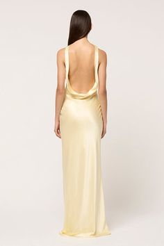 DRAPE FRONT MAXI DRESS - PALE YELLOW - MICHAEL LO SORDO Pale Yellow Bridesmaids Dresses, Pre-draped Bias Cut Maxi Gown, Summer Maxi Dress With Bias Cut And Cowl Back, Chic Formal Maxi Dress With Cowl Neck, Spring Maxi Dress With Bias Cut And Cowl Back, Spring Evening Maxi Dress With Cowl Neck, Cowl Neck Maxi Dress For Spring Evenings, Fitted Cowl Neck Maxi Dress For Wedding, Summer Wedding Maxi Dress With Cowl Back