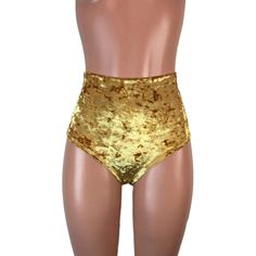 Our classic high waist hot pants with scrunch ruching detail in back to offer a "cheekier" look. These scrunch bikini hot pants are made of stretchy gold crushed velvet and sit high on your natural waist. Wear as a bikini bathing suit bottom, panties, rave shorts, running shorts, etc. They have a built in liner and are made to be flattering to your figure. Gold Fitted Bottoms For Club Wear, Gold Fitted Bottoms For Club, Fitted Gold Bottoms For Club Wear, Stretch Gold Bottoms For Beach, Gold Bottoms For Clubbing In Summer, Gold Bottoms For Club And Summer, High Waist Gold Shorts For Night Out, Fitted Brief Shorts For Night Out, Gold Stretch Shorts For Night Out