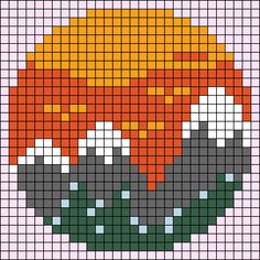 a cross - stitch pattern with flowers in front of an orange sky and clouds on the horizon