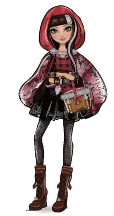 a drawing of a girl in a red coat and boots holding a bag with her hands