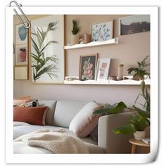 a living room filled with lots of furniture and plants on top of the shelves above