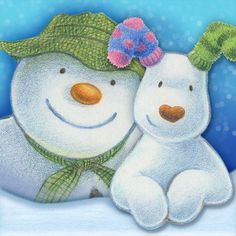 two snowmen with hats and scarves on their heads, one is hugging the other