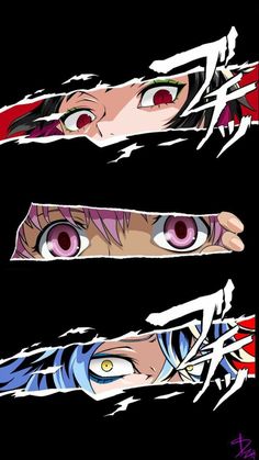 three anime characters with different colored eyes