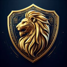 a golden lion head on a dark blue background with gold lines around it's edges