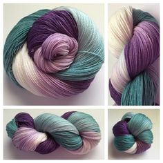 four pictures of yarn with different shades of purple, green and white on top of each other