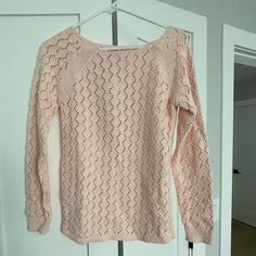 Purchased From Loft. Pale Pink, Knit Sweater. Brand New, Never Worn. Feminine Fitted Open Knit Sweater, Fitted Feminine Open Knit Sweater, Pink Cotton Pointelle Knit Sweater, Feminine Knit Sweater With Stretch, Feminine Open Knit Sweater For Spring, Feminine Stretch Knit Sweater, Pink Knit Sweater, Pink Knit, Pink Sweater