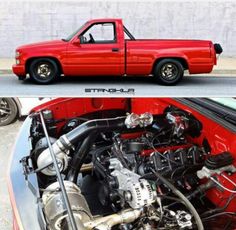 two pictures side by side of a red truck with the engine in it's hood