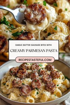 creamy parmesan pasta with sausage on top