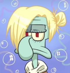 cartoon character with blonde hair and blue eyes sitting on top of a brown object in front of bubbles