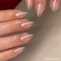 Natural Nails Green Designs, Festival Nails Green, Nail Inspo Pastel Colors, Green Art Nails, Crome Green Nail, Light Green Chrome French Tip Nails, Sage Tip Nails, S Size Nails, Light Green Pearl Nails