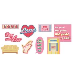 some stickers and magnets on a white background with pink, yellow and blue colors