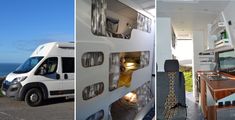 there are two pictures of the inside of a camper