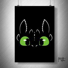 a black poster with green eyes and an image of a cat's face on it