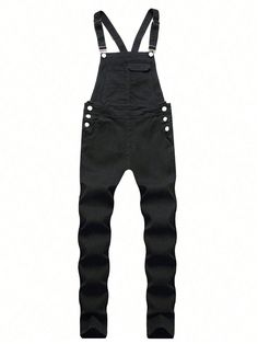 Men Button Detail Plain Black Vintage Denim Overalls Party Black Casual  Sleeveless Denim Plain Overall High Stretch  Men Clothing, size features are:Bust: ,Length: ,Sleeve Length: Style Salopette, Overalls Fashion, Camo Skirt, Overalls Men, Gingham Shorts, Fitted Jumpsuit, Men Pants, Denim Details, Denim Overalls