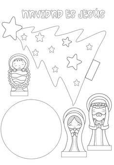 the nativity scene is outlined in black and white