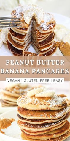 Best ever healthy, vegan, gluten-free peanut butter banana pancakes recipe with coconut flakes and made with coconut flour base. Banana Pancakes Vegan, Peanut Butter Banana Pancakes, Friends Are Family, Fruit And Chocolate, Pancakes Vegan, Plant Based Vegan, Dairy Free Breakfasts, Gluten Free Recipes For Breakfast