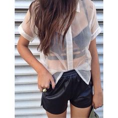 Minimal + Chic | @codeplusform Black Leather Shorts, Organza Shirt, Bralette Outfit, Sheer Clothing, Party Mode, Pastel Outfit, Lace Styles, Bralette Crop Top, Sheer Shirt