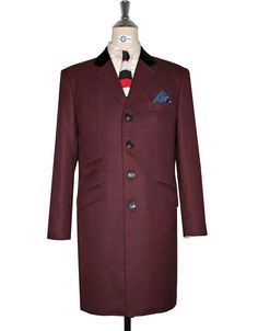 "60s Mod Winter Burgundy Houndstooth Coat Material : 60% Wool 40% Poly Color: Burgundy Description: High collar Notch lapel classic 3/4 over coat Length Size:  Short length : Collar seam to bottom    =    35\" Regular length: Collar seam to bottom  = 37''  Long length: Collar seam to bottom      = 39\" 4 buttons overcoat Single Breasted top pocket  Black velvet on collar, Notch narrow lapel. both side 1-1 hips pocket with flap, Right side 1 traditional ticket pocket with flap Single vent at the Winter Business Tweed Jacket With Houndstooth Pattern, Winter Business Houndstooth Tweed Jacket, Formal Houndstooth Sport Coat For Winter, Winter Formal Houndstooth Sport Coat, Winter Houndstooth Notch Lapel Sport Coat, Semi-formal Houndstooth Outerwear With Lapel Collar, Winter Houndstooth Sport Coat With Notch Lapel, Semi-formal Long Sleeve Outerwear With Houndstooth Pattern, Fitted Semi-formal Outerwear With Houndstooth Pattern