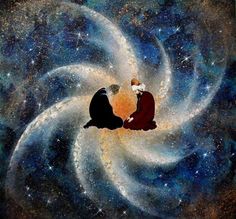 two people sitting on top of each other in front of a painting with stars and swirls