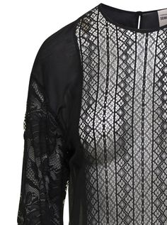 Blouse Crew neck Long lace sleeves Open knit work Rear button fastening Rear opening drop Transparent effect Black Cotton and silk Regular fitComposition: 69% Cotton 31% Silk Long Lace Sleeves, Moncler Women, Grey Blouse, Pleats Please Issey Miyake, Open Knit, Lace Blouse, Lace Sleeves, Black Blouse, Black Cotton