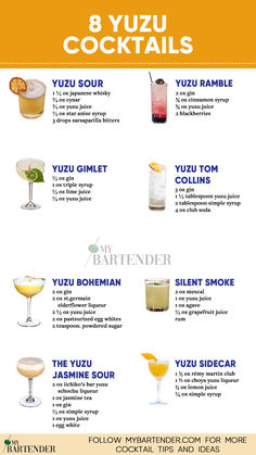 Yuzu Cocktails Yuzu Cocktail Recipes, Japanese Cocktails Recipes, Asian Cocktails Recipes, Yuzu Drink, Yuzu Cocktail, Elderflower Collins, 2024 Cocktails, Asian Cocktails, Floral Drinks