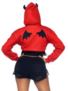 Show the world your wickedly hot side in the sinfully sexy Leg Avenue Devil Cropped Hoodie. You’ll be the snuggliest devil around in the lace up hoodie with sexy corset accent, mini wings, and horned hood. The long sleeves, lined cuffs and devil horn hood are sure keep you warm on those cool nights. Show off your sinfully sweet curves with the sexy lace up front and under bust corset design. The pull over design makes it easy to dress up as your favorite adorable animal for Halloween, theme part Lace Up Hoodie, Holiday Lingerie, Under Bust Corset, Inked Shop, Corset Design, Hoodie Costume, Plus Lingerie, Hoodie Fits, Leg Avenue