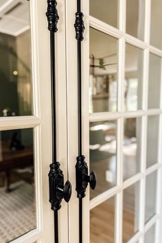 an open door with two black handles on the front and side doors to another room