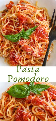 pasta with tomato sauce and basil leaves in a white bowl next to the words pasta pomodoro